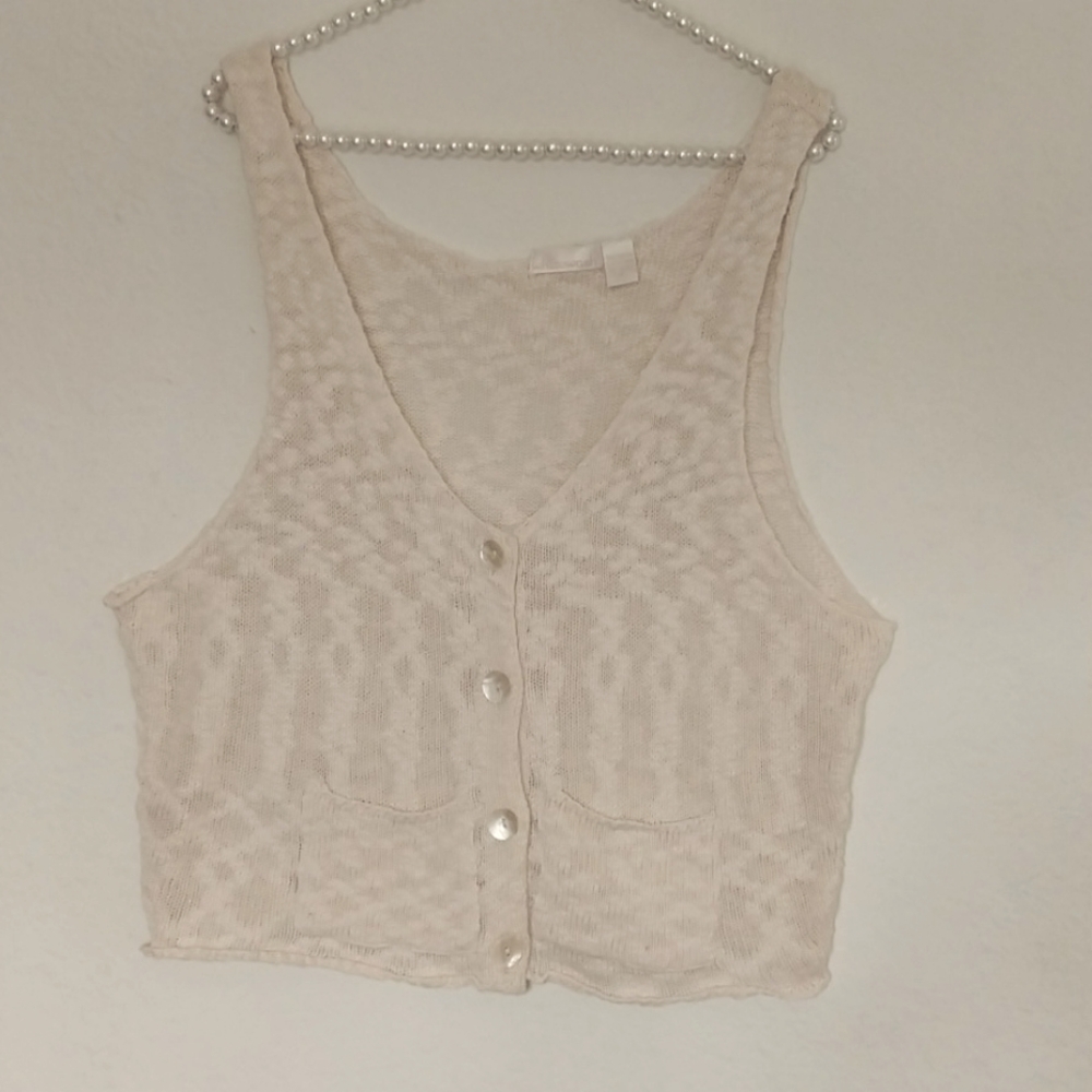 Boho Vintage VEST Cream Button-Up Sleevless Vintage Size Petite Medium